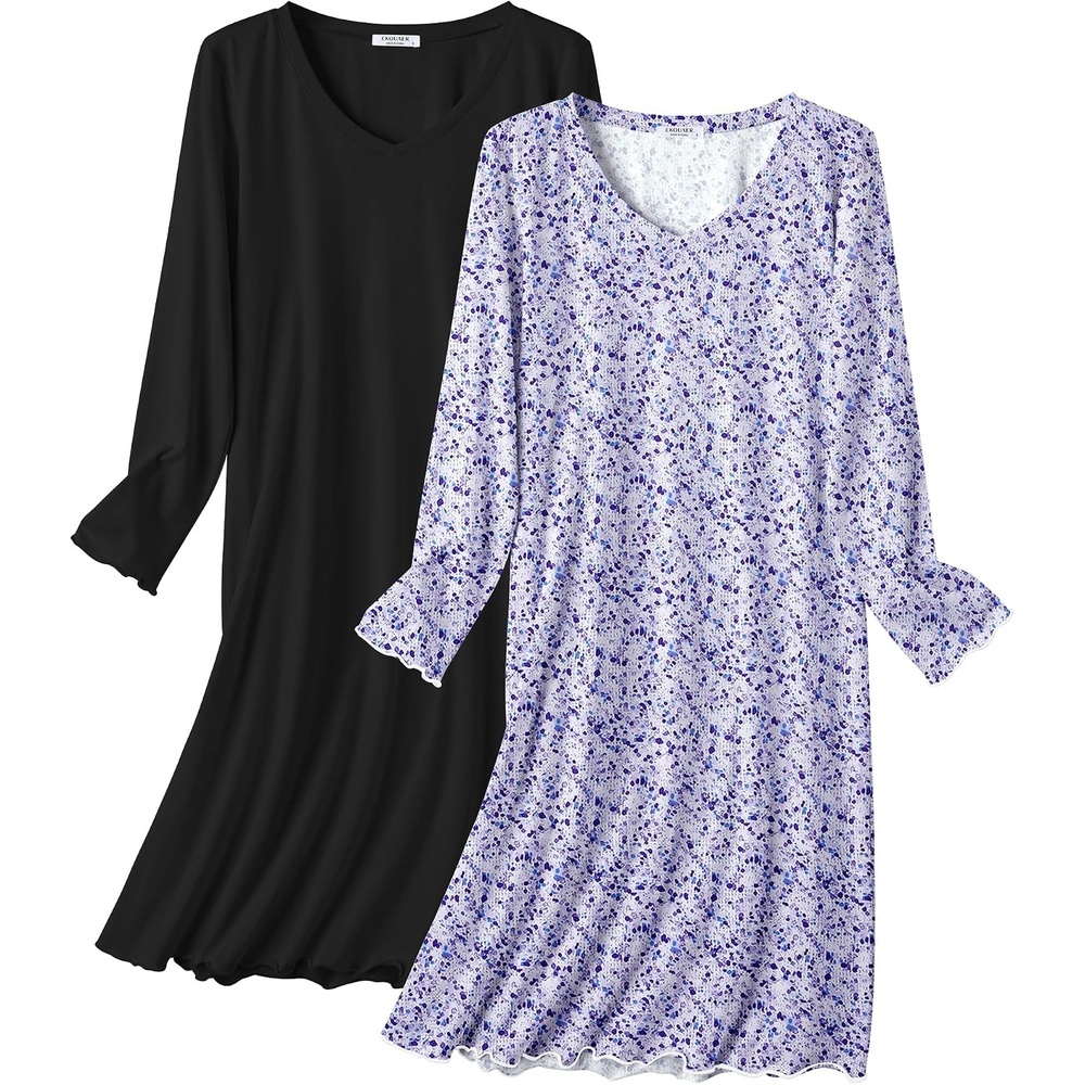 image:imageEkouaer Cotton Nightgowns for Women 2 Pack Long Sleeve Night GownBlackPurple Floral
