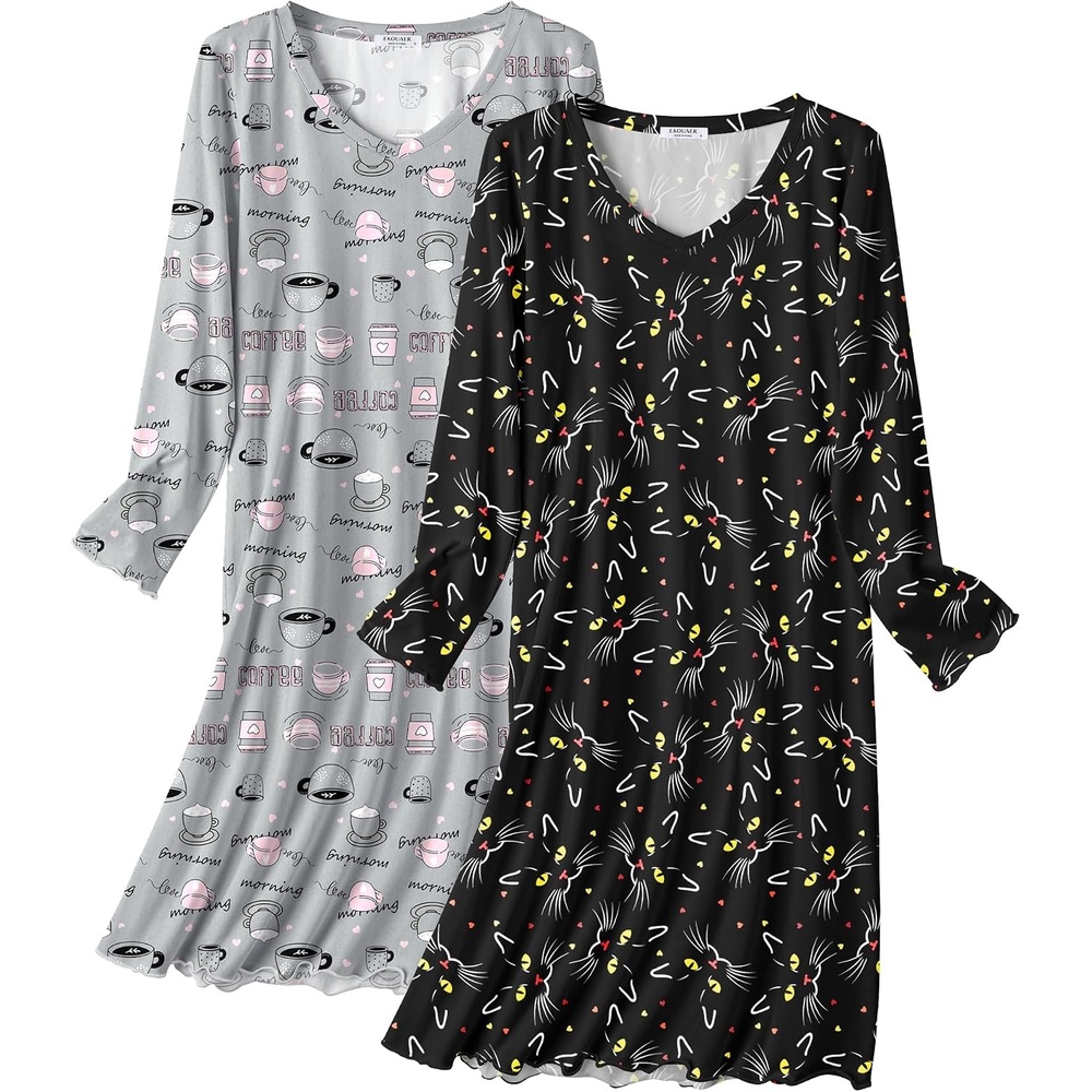 image:imageEkouaer Cotton Nightgowns for Women 2 Pack Long Sleeve Night GownCoffee PrintBlack Cat