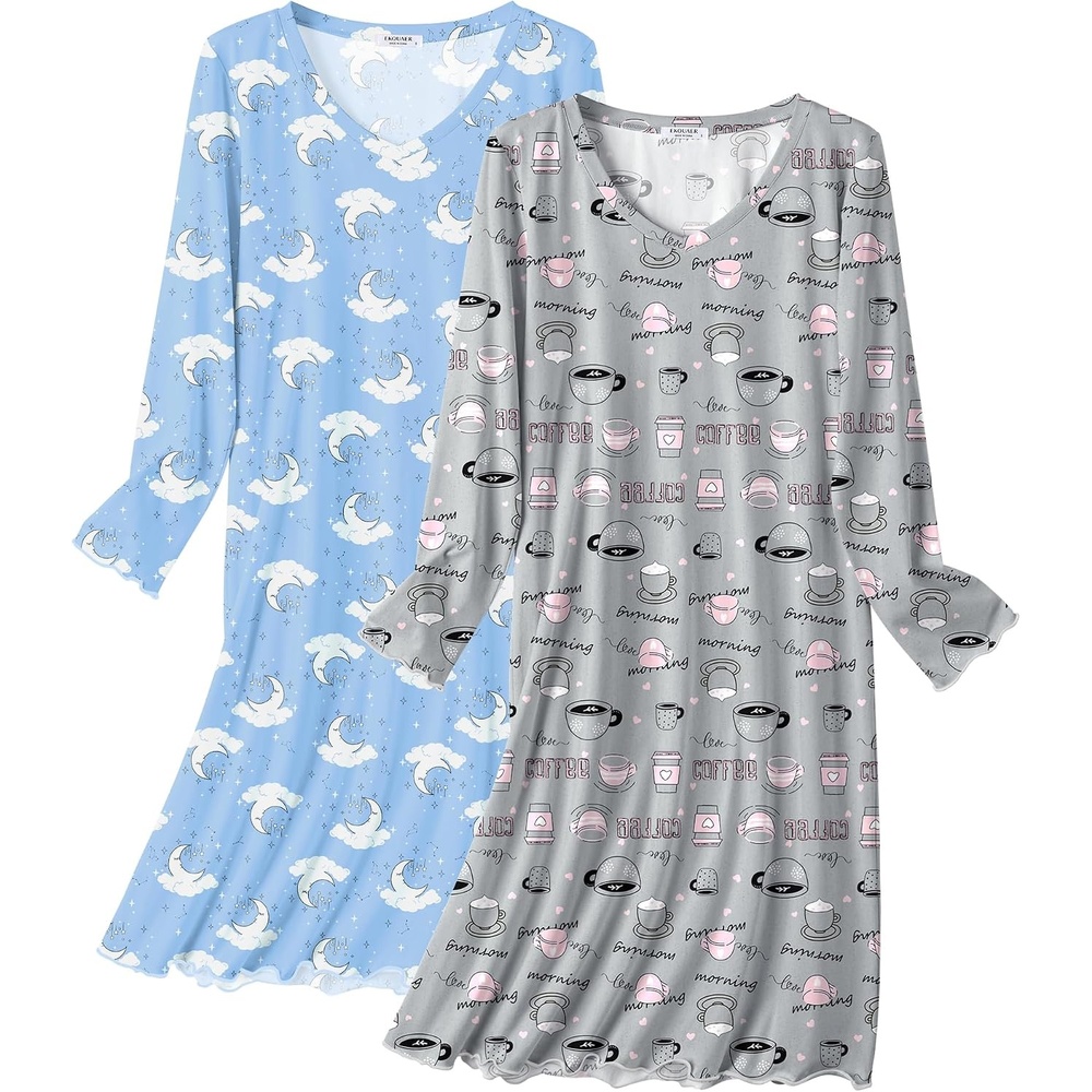 image:imageEkouaer Cotton Nightgowns for Women 2 Pack Long Sleeve Night GownLight Grey CoffeeBlue Moon
