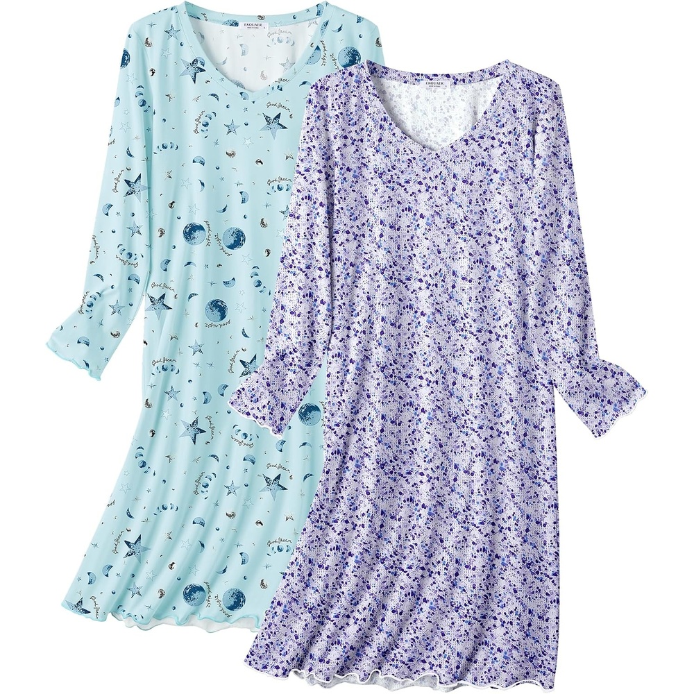 image:imageEkouaer Cotton Nightgowns for Women 2 Pack Long Sleeve Night GownMoon StarPurple Floral