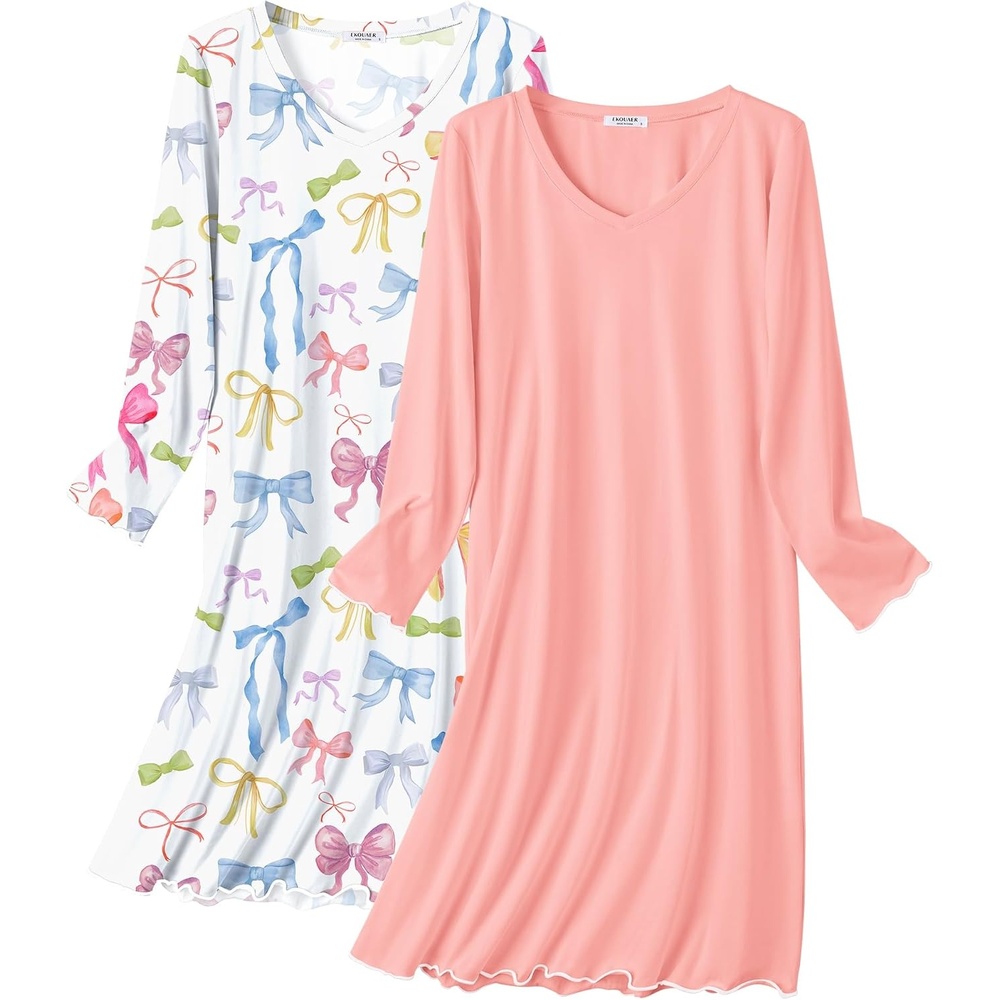 image:imageEkouaer Cotton Nightgowns for Women 2 Pack Long Sleeve Night GownPinkCute Bow