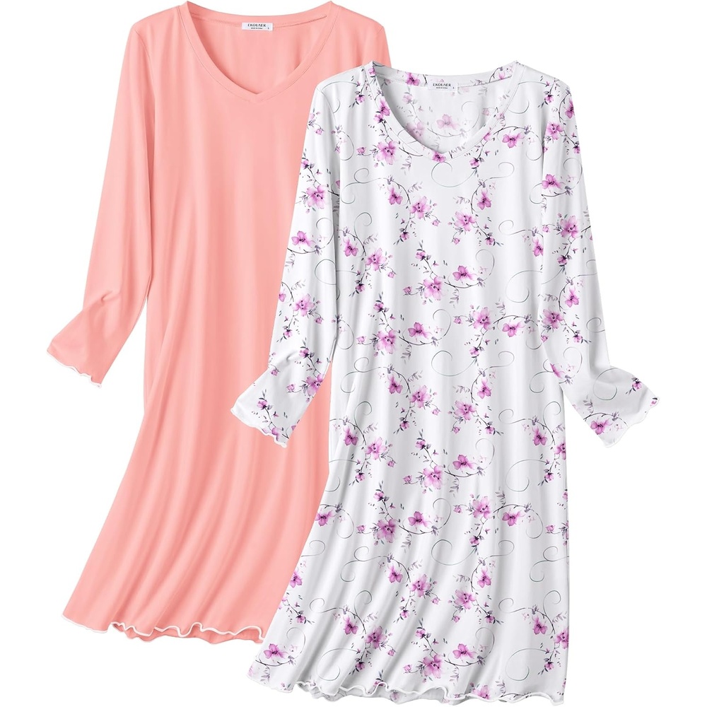 image:imageEkouaer Cotton Nightgowns for Women 2 Pack Long Sleeve Night GownPinkRed Floral