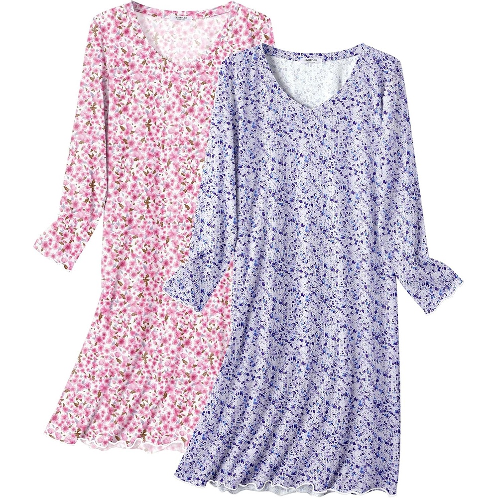 image:imageEkouaer Cotton Nightgowns for Women 2 Pack Long Sleeve Night GownPurple FloralPink Floral