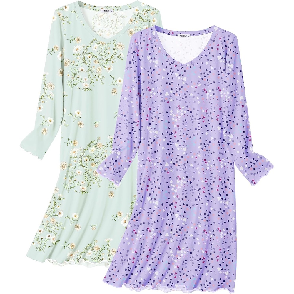 image:imageEkouaer Cotton Nightgowns for Women 2 Pack Long Sleeve Night GownPurple StarFloral Light Green