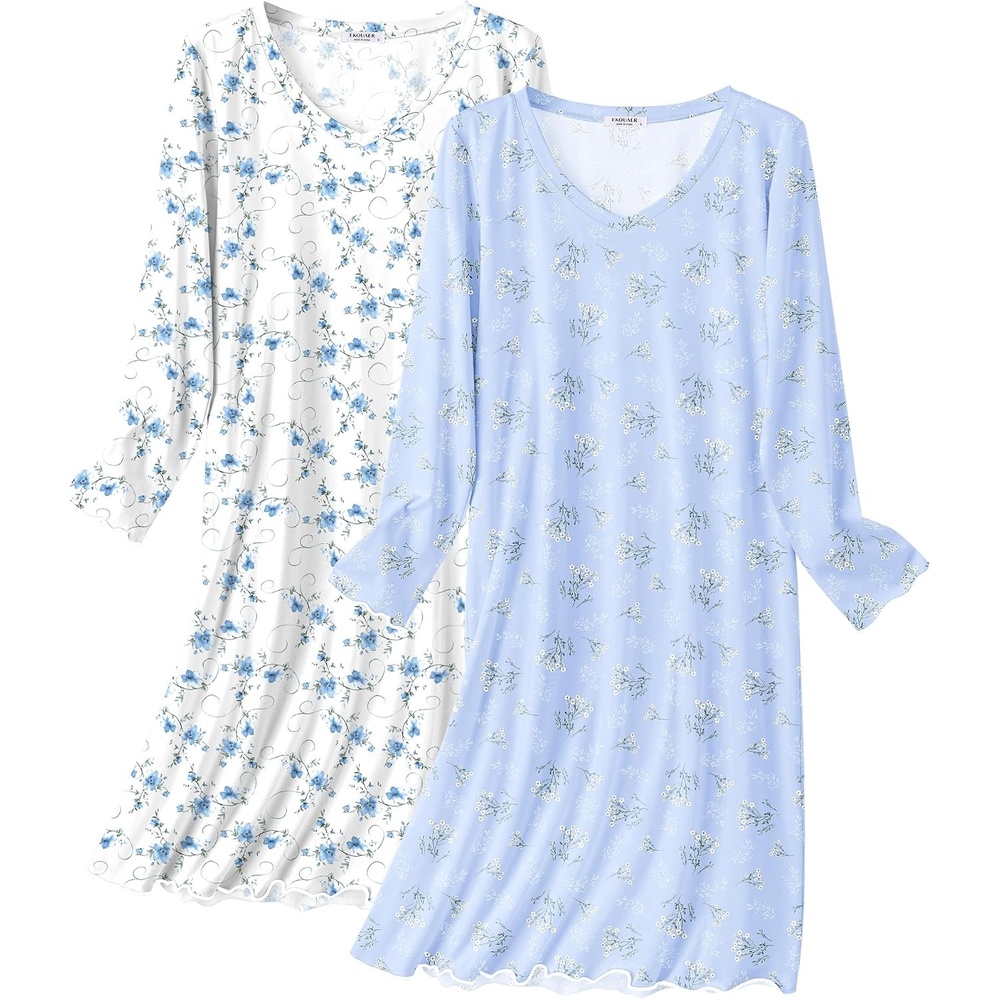 image:imageEkouaer Cotton Nightgowns for Women 2 Pack Long Sleeve Night GownWhite Blue FlowerBlue Floral