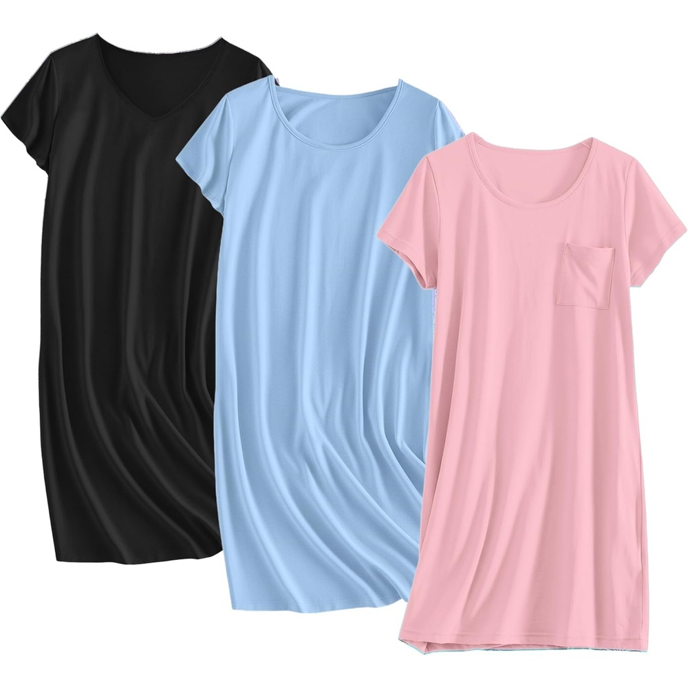 image:imageEkouaer Cotton Nightgowns for Women 3 Pack Sleepshirts Tshirt Night GownBlakLight BlueLight Pink
