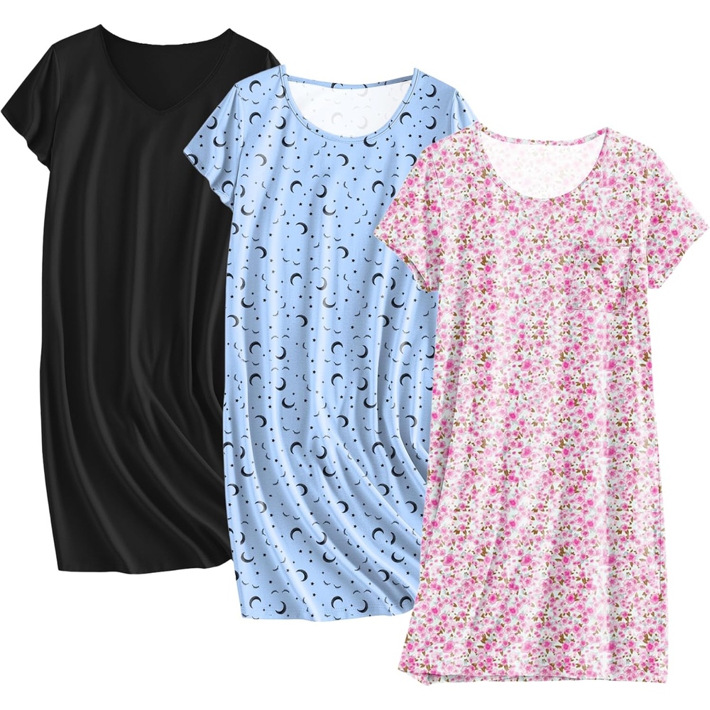 image:imageEkouaer Cotton Nightgowns for Women 3 Pack Sleepshirts Tshirt Night GownBlue MoonBlackPink Floral