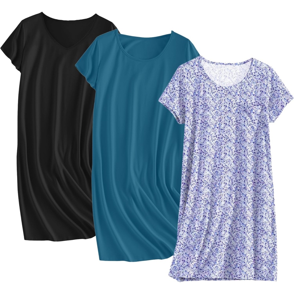 image:imageEkouaer Cotton Nightgowns for Women 3 Pack Sleepshirts Tshirt Night GownDark BlueBlackPurple Floral
