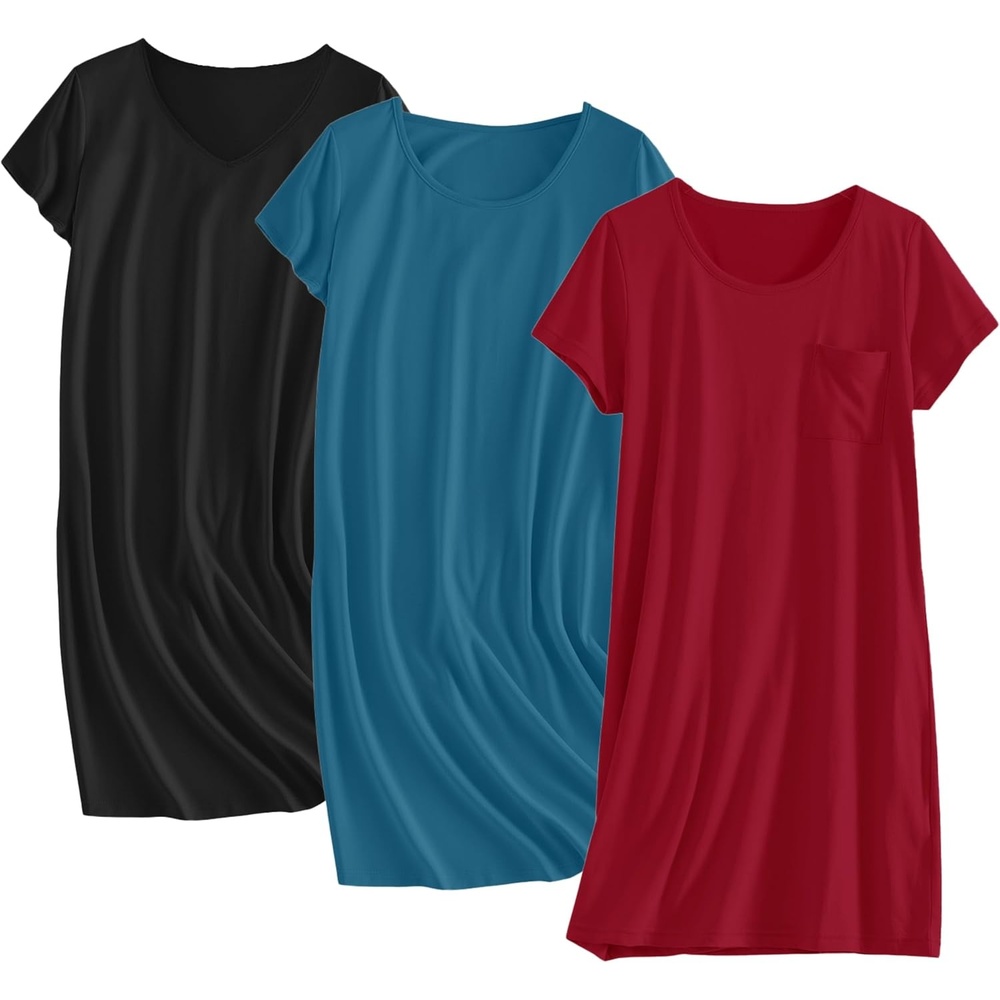 image:imageEkouaer Cotton Nightgowns for Women 3 Pack Sleepshirts Tshirt Night GownDark BlueBlackWine Red