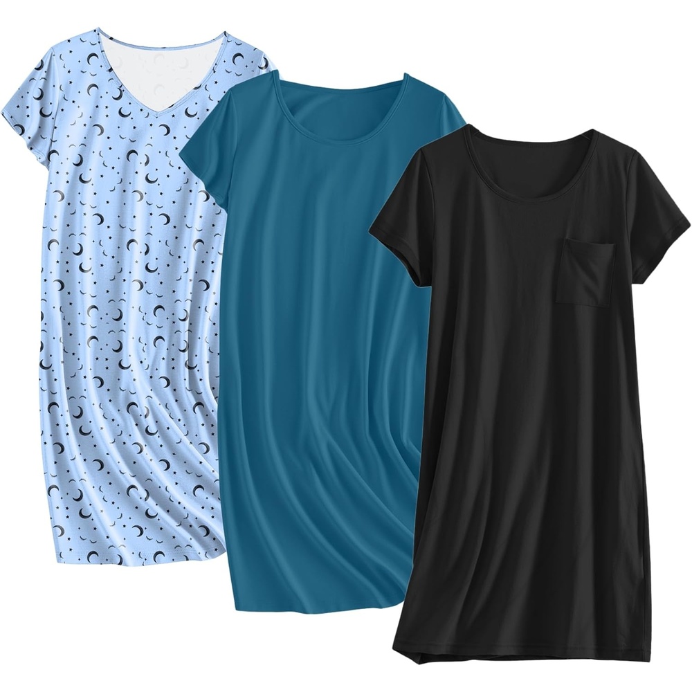 image:imageEkouaer Cotton Nightgowns for Women 3 Pack Sleepshirts Tshirt Night GownDark BlueBlue MoonBlack