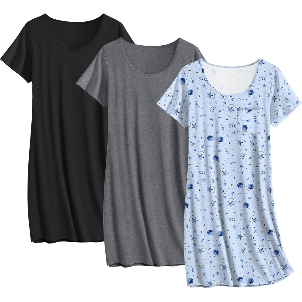 image:imageEkouaer Cotton Nightgowns for Women 3 Pack Sleepshirts Tshirt Night GownDark GreyBlackMoon Star