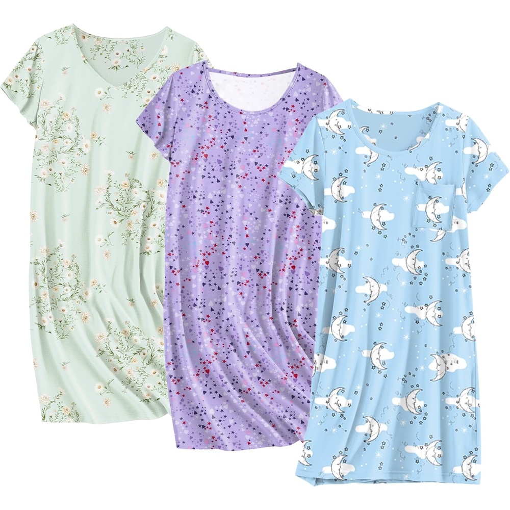 image:imageEkouaer Cotton Nightgowns for Women 3 Pack Sleepshirts Tshirt Night GownLittle DaisyBlue White MoonPurple Star