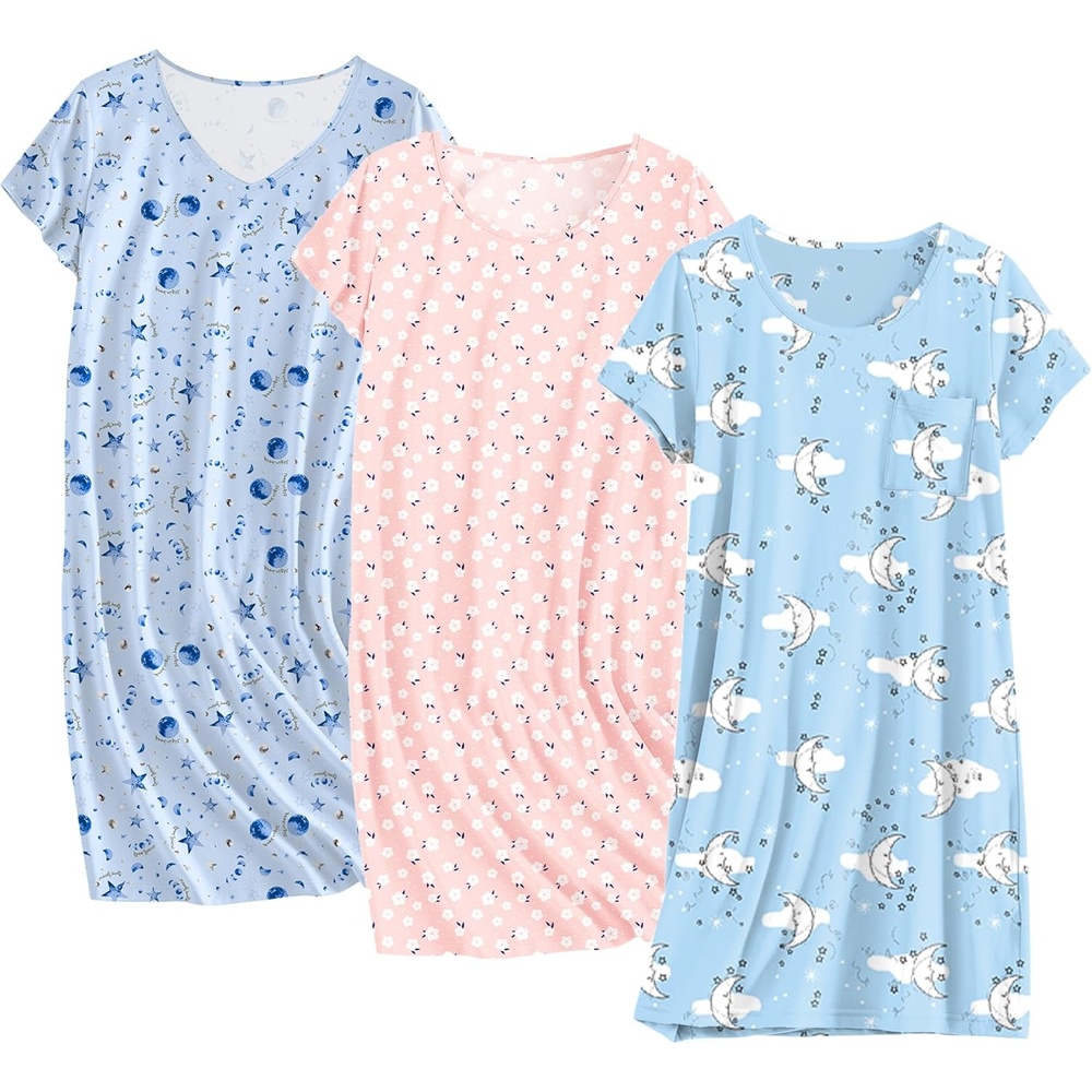 image:imageEkouaer Cotton Nightgowns for Women 3 Pack Sleepshirts Tshirt Night GownMoon StarBlue White MoonPink Flower