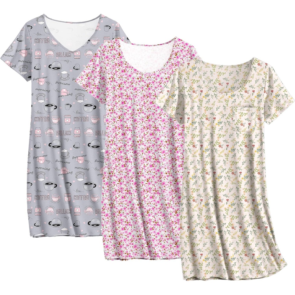 image:imageEkouaer Cotton Nightgowns for Women 3 Pack Sleepshirts Tshirt Night GownPink FloralGrey CoffeYellow Floral
