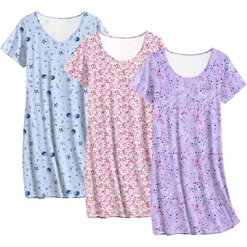 image:imageEkouaer Cotton Nightgowns for Women 3 Pack Sleepshirts Tshirt Night GownPink FloralMoon StarPurple Star