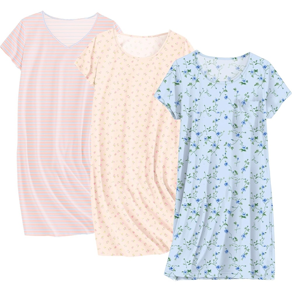 image:imageEkouaer Cotton Nightgowns for Women 3 Pack Sleepshirts Tshirt Night GownPink TripeCream Pink FloralBlue Floral