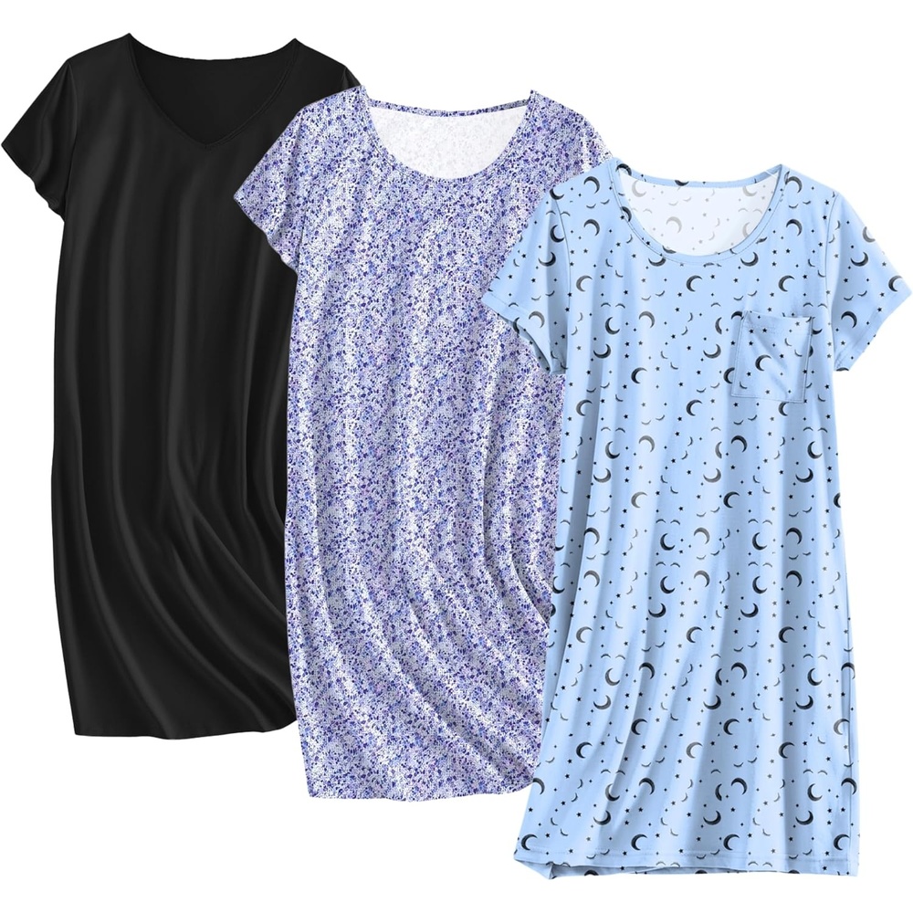 image:imageEkouaer Cotton Nightgowns for Women 3 Pack Sleepshirts Tshirt Night GownPurple FloralBlackBlue Moon