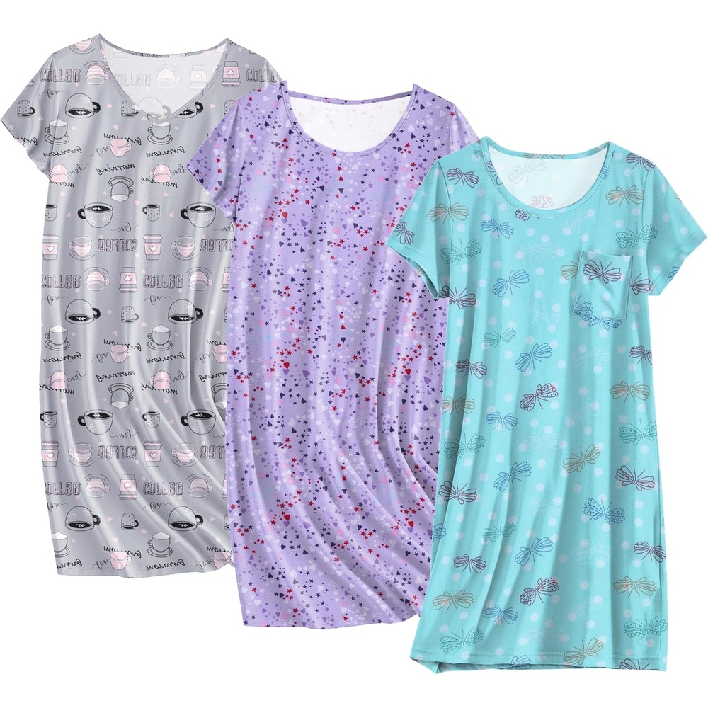 image:imageEkouaer Cotton Nightgowns for Women 3 Pack Sleepshirts Tshirt Night GownPurple StarGrey CoffeBlue Butterfly