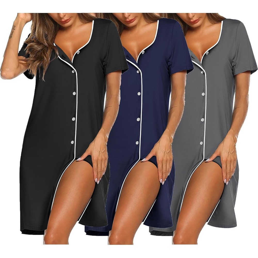 image:imageEkouaer Nightgowns for Women 3 Pack Night Gowns Button Down Sleep ShirtsBlackNavy BlueGrey