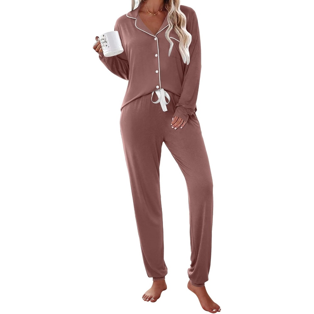 image:imageEkouaer Pajamas Set Long Sleeve Sleepwear Womens Button Down Soft PjsBrown