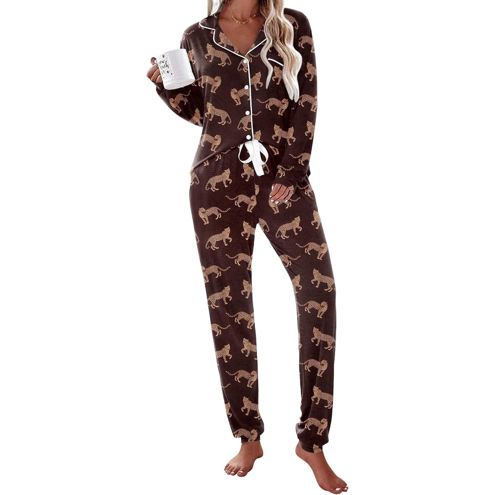 image:imageEkouaer Pajamas Set Long Sleeve Sleepwear Womens Button Down Soft PjsBrown Leopard