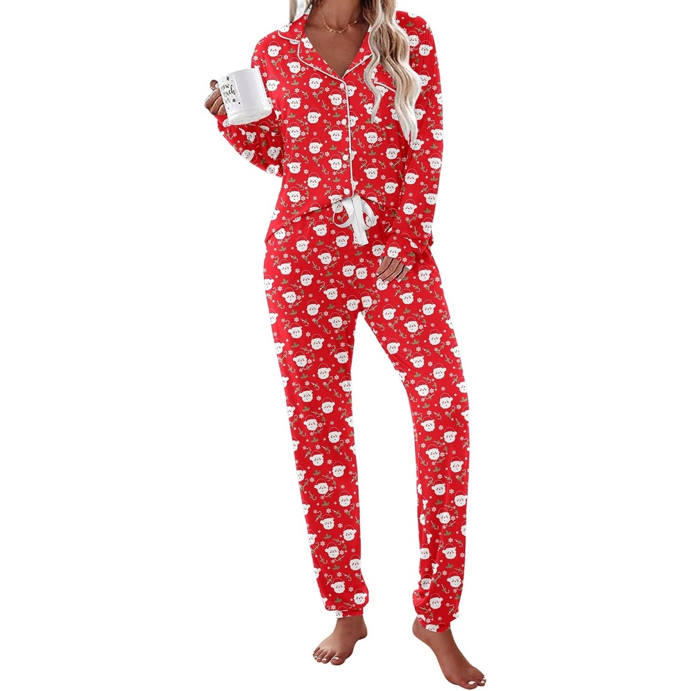 image:imageEkouaer Pajamas Set Long Sleeve Sleepwear Womens Button Down Soft PjsChristmas Red With Santa Pattern