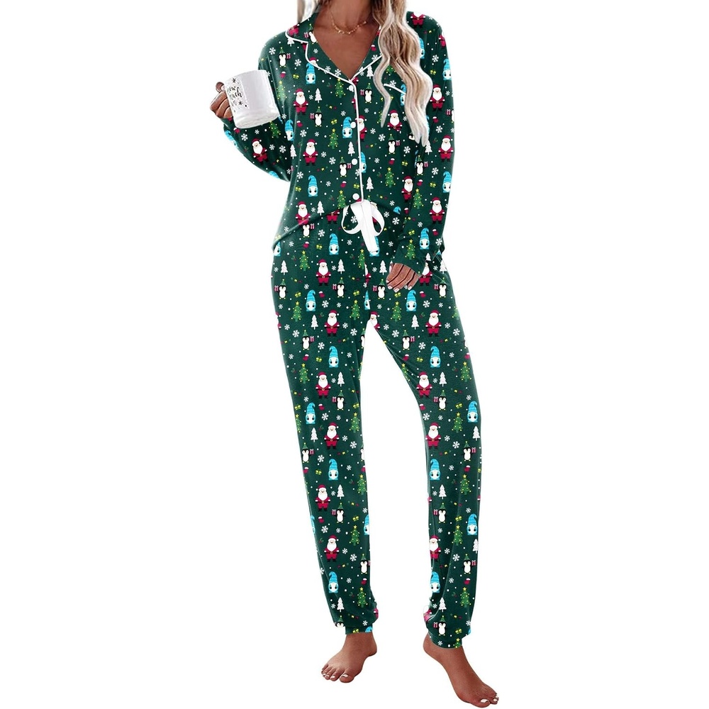image:imageEkouaer Pajamas Set Long Sleeve Sleepwear Womens Button Down Soft PjsGreen Christmas Gnomes