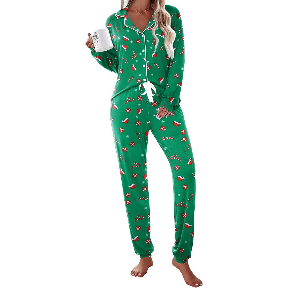 image:imageEkouaer Pajamas Set Long Sleeve Sleepwear Womens Button Down Soft PjsGreen Christmas Print
