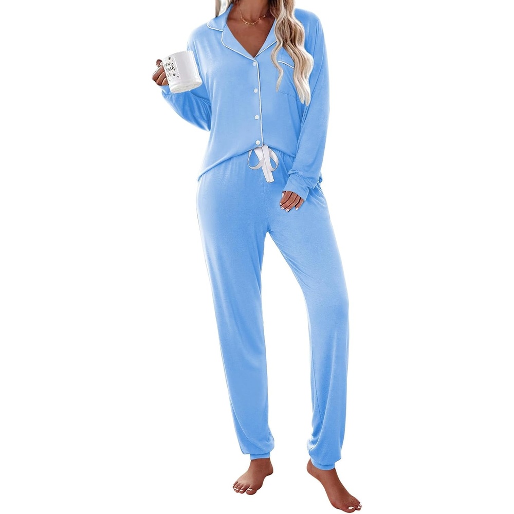 image:imageEkouaer Pajamas Set Long Sleeve Sleepwear Womens Button Down Soft PjsLight Blue