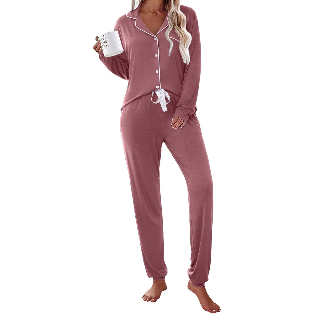 image:imageEkouaer Pajamas Set Long Sleeve Sleepwear Womens Button Down Soft PjsOld Rose
