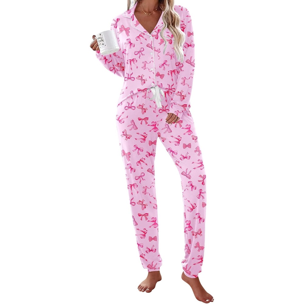 image:imageEkouaer Pajamas Set Long Sleeve Sleepwear Womens Button Down Soft PjsPink Bow