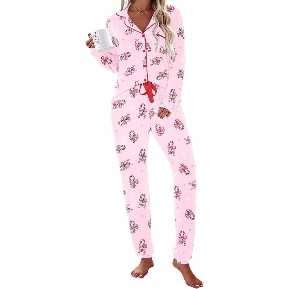 image:imageEkouaer Pajamas Set Long Sleeve Sleepwear Womens Button Down Soft PjsPink Candy Cane