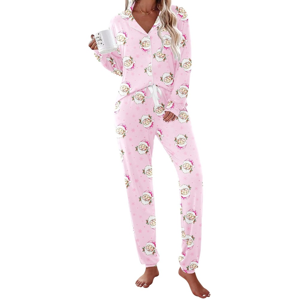 image:imageEkouaer Pajamas Set Long Sleeve Sleepwear Womens Button Down Soft PjsPink Santa