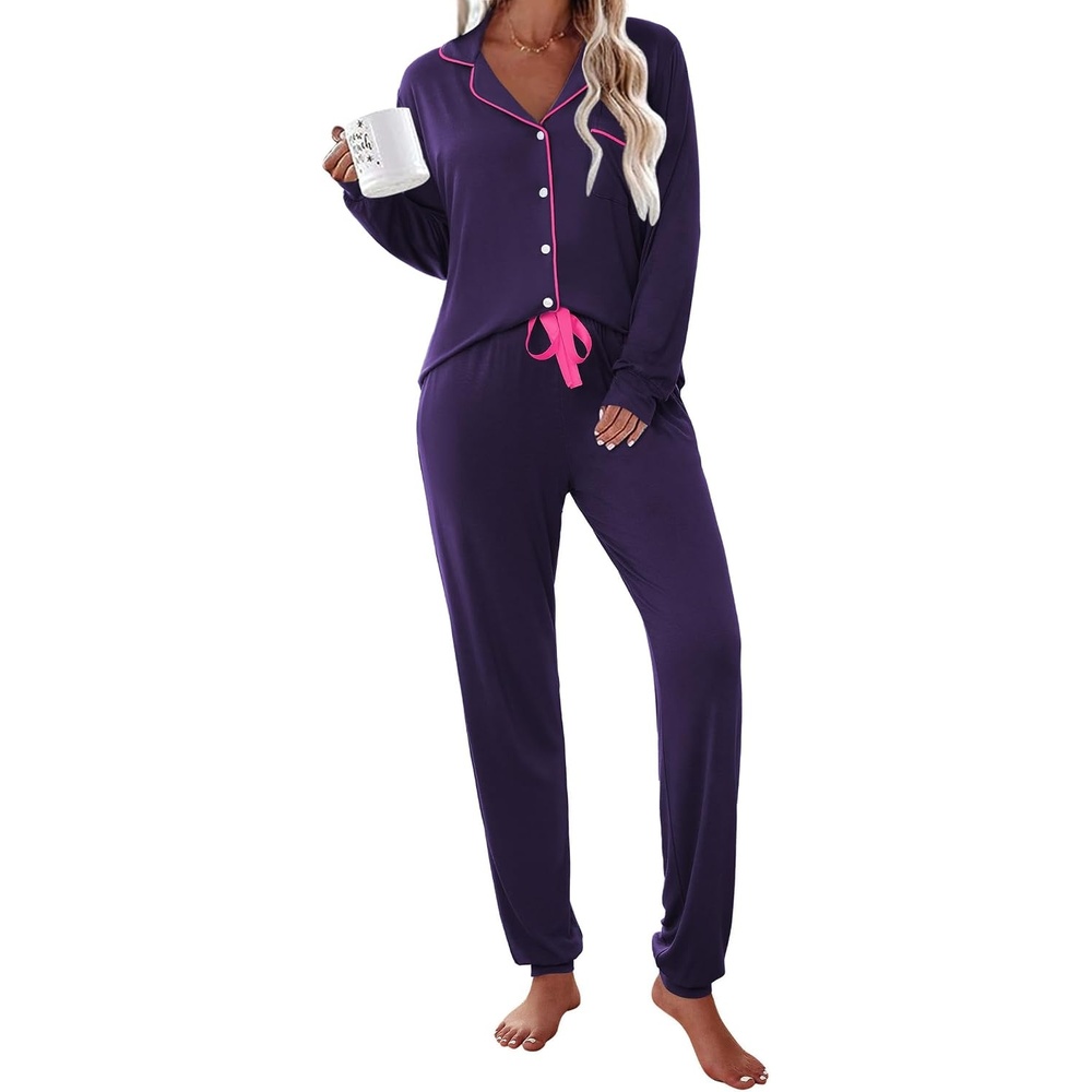 image:imageEkouaer Pajamas Set Long Sleeve Sleepwear Womens Button Down Soft PjsPurple