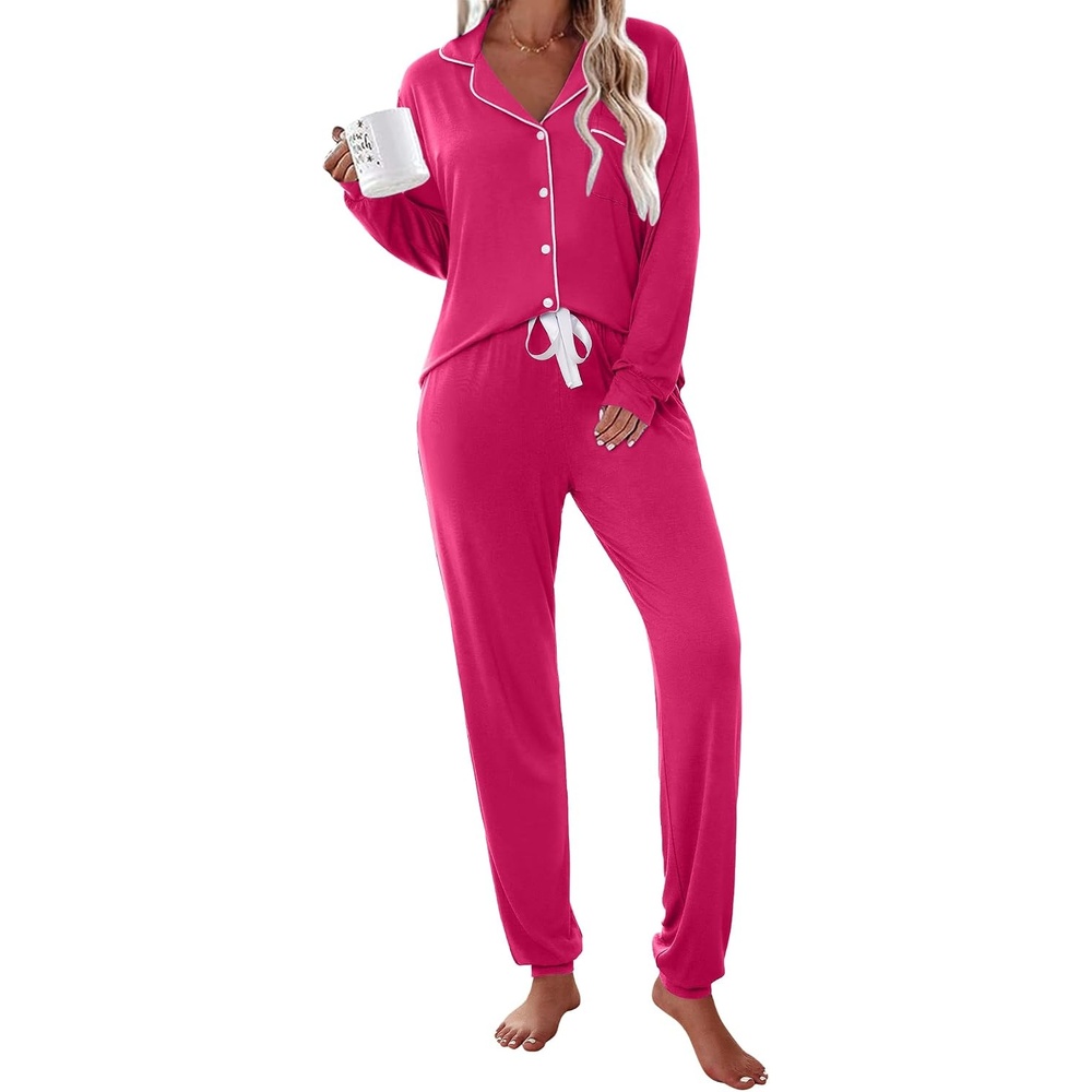 image:imageEkouaer Pajamas Set Long Sleeve Sleepwear Womens Button Down Soft PjsRose