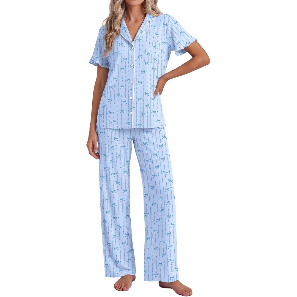 image:imageEkouaer Pajamas for Women Set Button Up Soft Pjs Short Sleeve Lounge SetsBlue Stripes Bow
