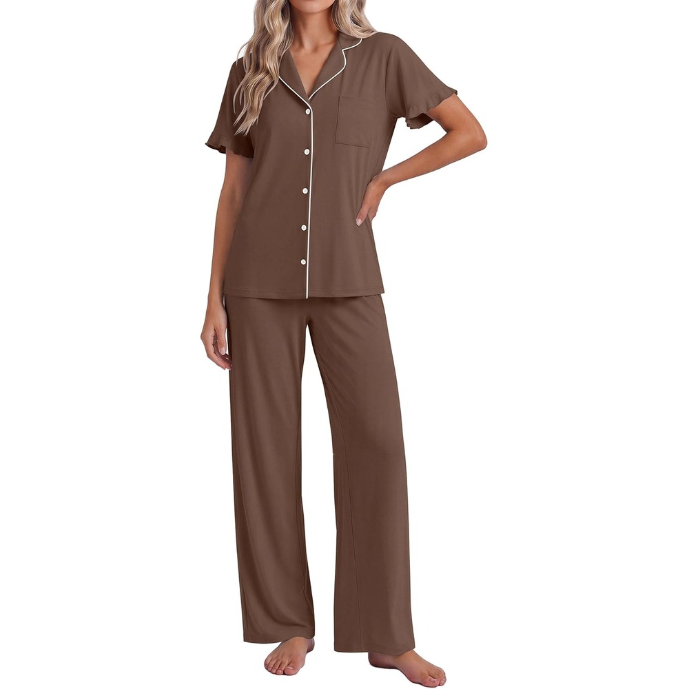 image:imageEkouaer Pajamas for Women Set Button Up Soft Pjs Short Sleeve Lounge SetsBrown