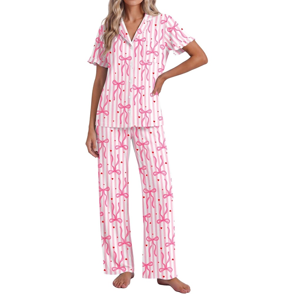 image:imageEkouaer Pajamas for Women Set Button Up Soft Pjs Short Sleeve Lounge SetsPink Stripes Bow