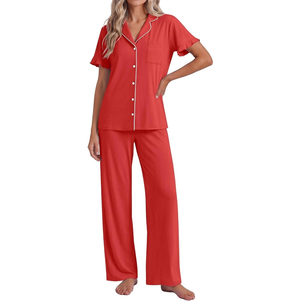 image:imageEkouaer Pajamas for Women Set Button Up Soft Pjs Short Sleeve Lounge SetsRed