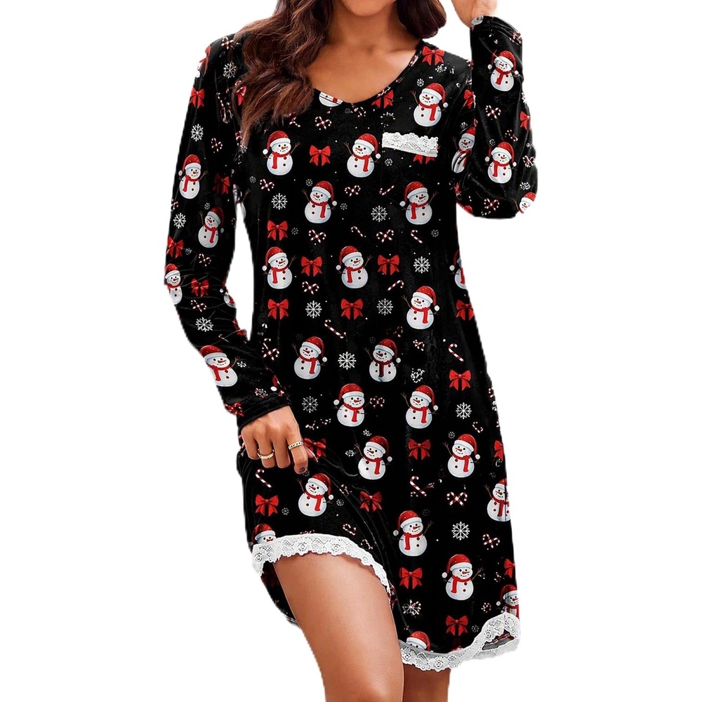 image:imageEkouaer Womens Long Sleeve Nightgowns V Neck Sleepshirts Lace NightshirtsChristmas Print