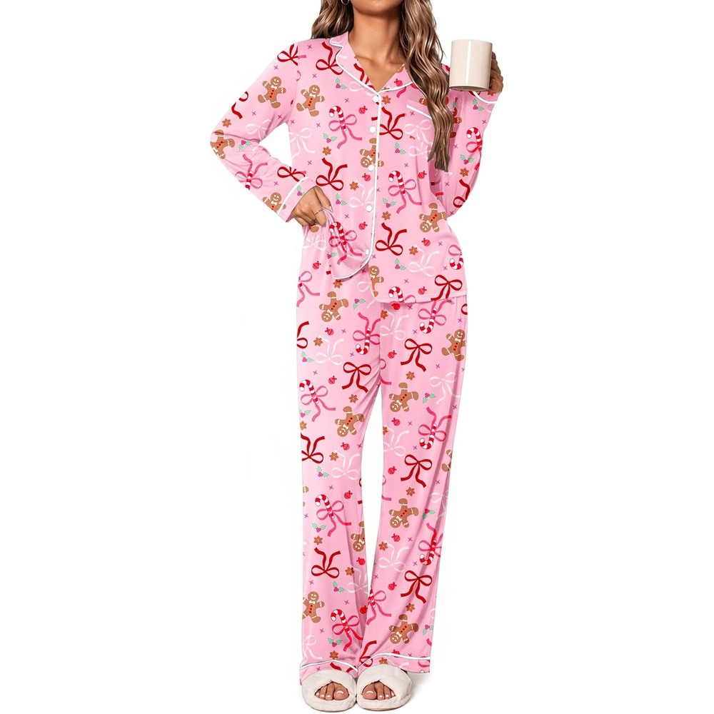 image:imageEkouaer Womens Pajamas Set Classic Sleepwear Long Sleeve Button Up Pjs SetsChristmas Bow