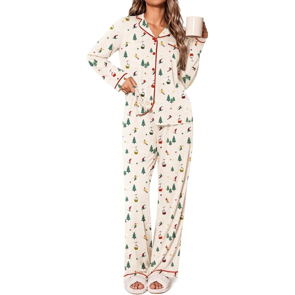image:imageEkouaer Womens Pajamas Set Classic Sleepwear Long Sleeve Button Up Pjs SetsChristmas Ski