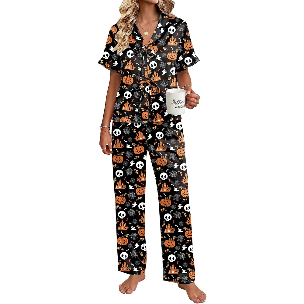 image:imageEkouaer Womens Satin Pajama Sets Silky Tie Front Ruffle Pjs Sets Sleepwear2026black Halloween