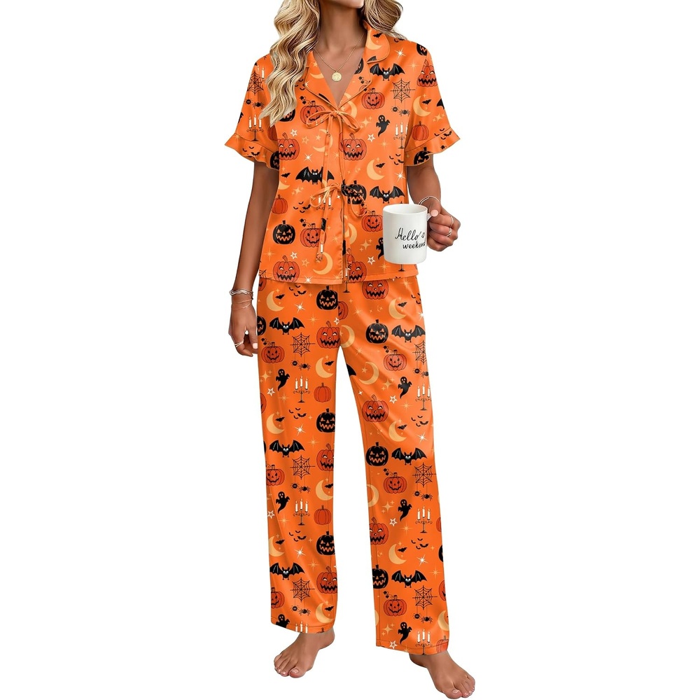 image:imageEkouaer Womens Satin Pajama Sets Silky Tie Front Ruffle Pjs Sets Sleepwear2026orange Halloween