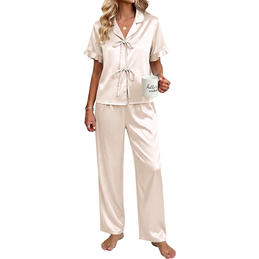 image:imageEkouaer Womens Satin Pajama Sets Silky Tie Front Ruffle Pjs Sets SleepwearChampagne