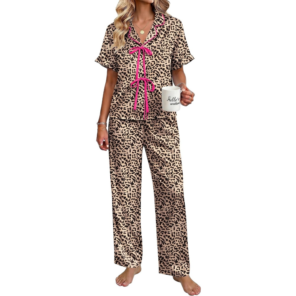 image:imageEkouaer Womens Satin Pajama Sets Silky Tie Front Ruffle Pjs Sets SleepwearLeopard Print