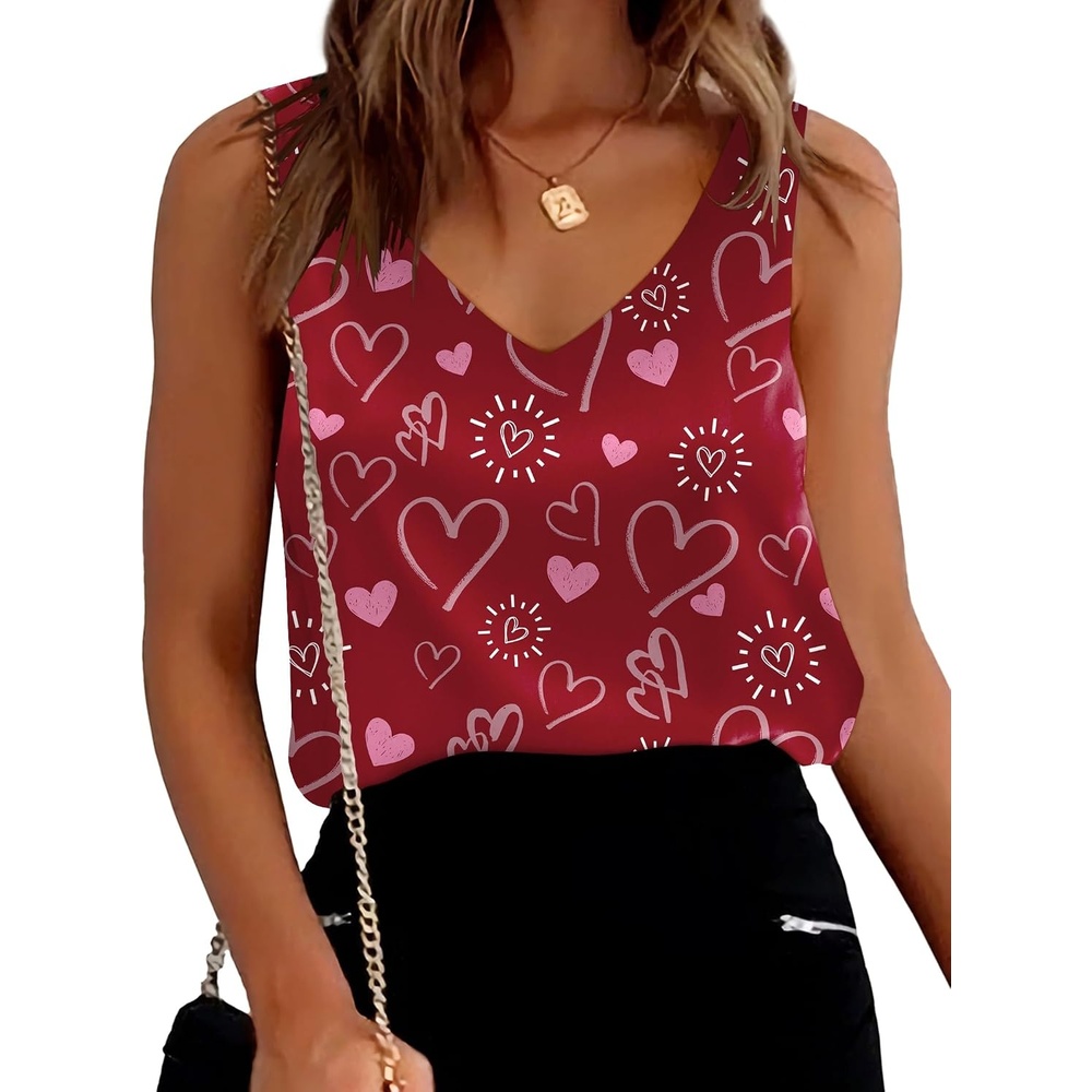 image:imageEkouaer Womens Satin Tank Tops Summer Sleeveless Tops V Neck Casual ShirtsHeartRed