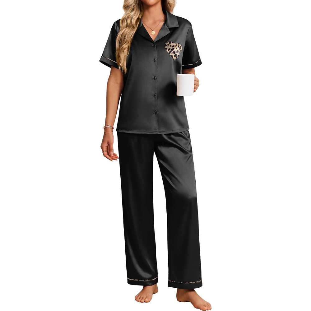 image:imageEkouaer Womens Silk Satin Pajama Set Short Sleeve Pjs Button Down SleepwearBlack