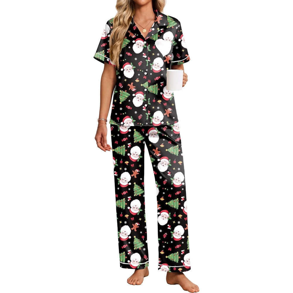 image:imageEkouaer Womens Silk Satin Pajama Set Short Sleeve Pjs Button Down SleepwearBlack Christmas Santa Print