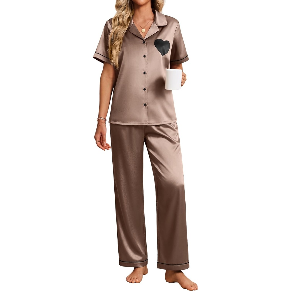 image:imageEkouaer Womens Silk Satin Pajama Set Short Sleeve Pjs Button Down SleepwearBrown